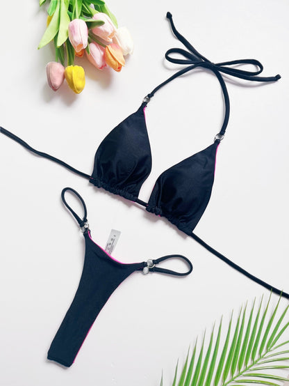 Nylon Solid Color Lace up Bikini Low Waist Lace up