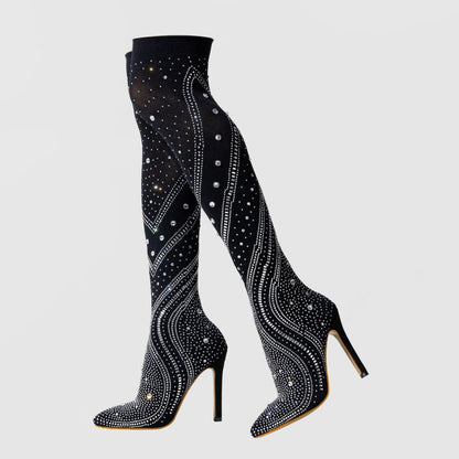 High Heel Pointed Toe Stretch Socks Rhinestone Pattern Stiletto Outdoor Sexy Women Shoes
