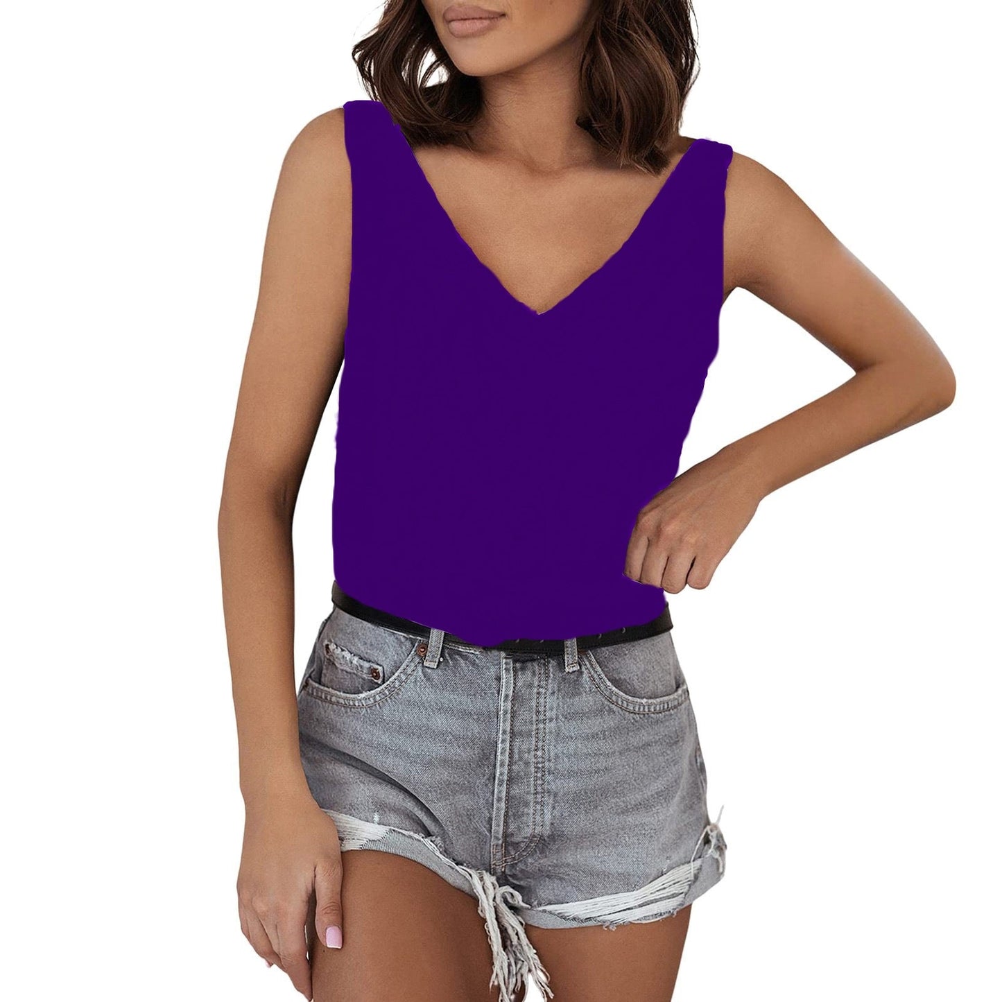 Solid Color Satin Vest V neck Casual Camisole Sleeveless Shirt Summer Basic