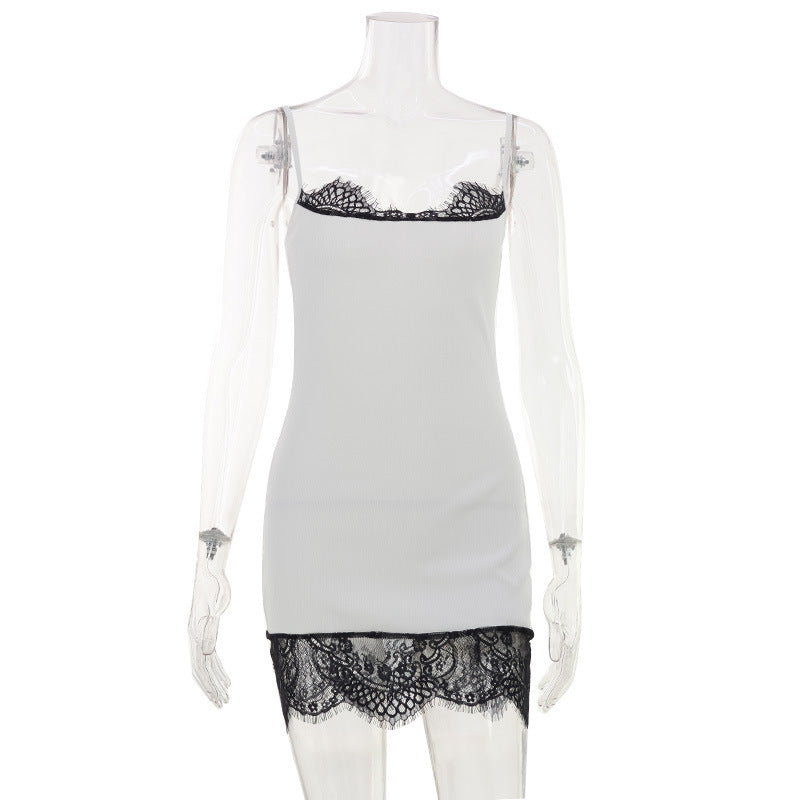 Sexy Women Dress Sexy Sleeveless Strap Solid Color Lace Stitching Sexy Dress