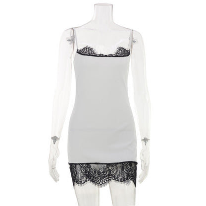 Sexy Women Dress Sexy Sleeveless Strap Solid Color Lace Stitching Sexy Dress