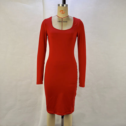 Women Clothing Autumn Winter Square Collar Long Sleeve Solid Color Waist Tight Slimming Sheath Dress