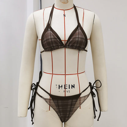 Three Point Solid Color False Two Piece Lace up Sexy Halter Bikini Split Swimsuit for Women