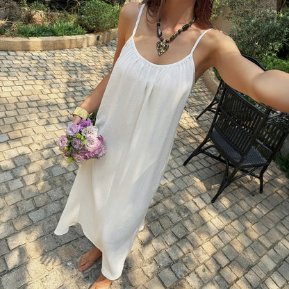 Women Clothing Summer French Vacation White Texture Pleated Dress