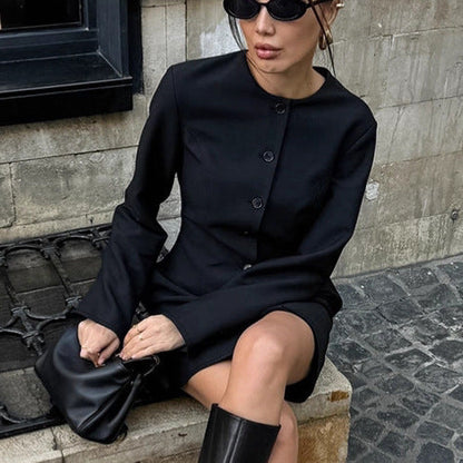 Autumn Niche Design round Neck Long Sleeve Waist Tight Slim Fit A line Dress Elegant Long Blazer for Women