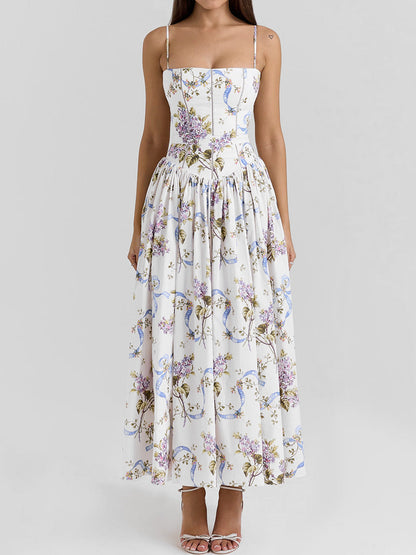 Sexy Printing Slip Dress Summer Slim Fit Backless Maxi Dress Elegant High Sense Summer Beautiful Dress