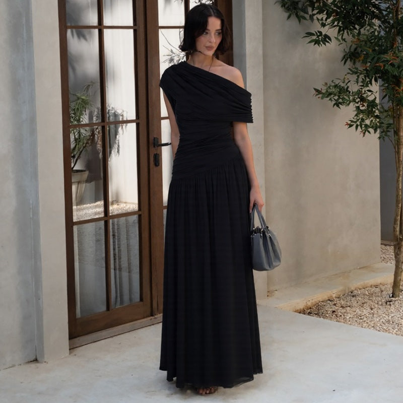 Women Clothing Spring Arrival Fashionable Sexy Diagonal Collar Pleated Asymmetrical Solid Color Dress