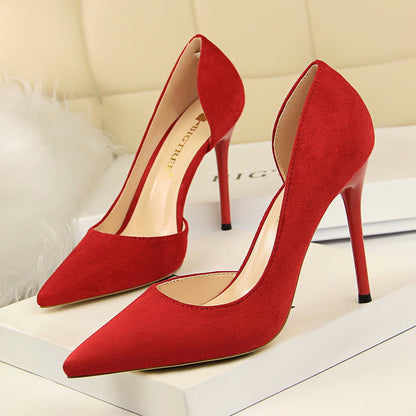 Simple Stiletto Heel Suede Shallow Mouth Pointed Toe Sexy Nightclubs Thinner Side Hollow Out Cutout Pumps