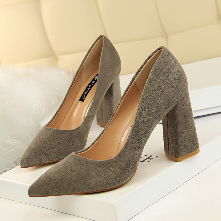 Simple Thick Heel High Heel Suede Shallow Mouth Pointed Toe Business Office Skinny Women Shoes High Heels Pumps