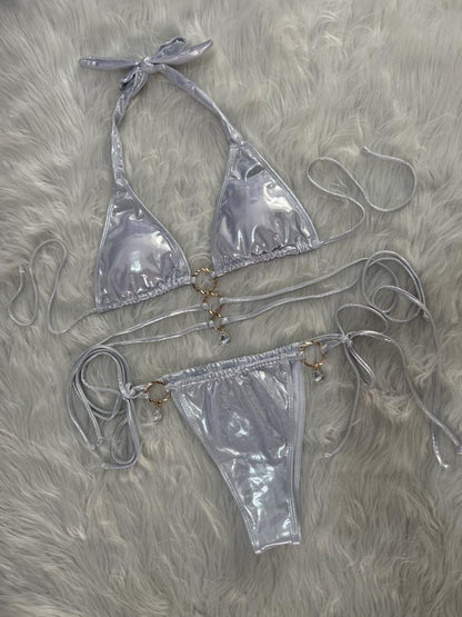 Swimwear Crystal Diamond Solid Color Bikini Women Strap Split Triangle Cup Swimsuit Swimwear