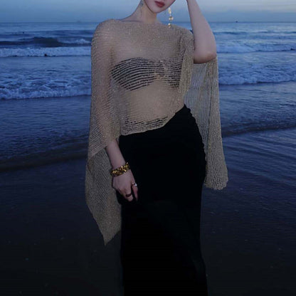 Pure Hollow Out Cutout out Gold Knitted Blouse Bikini Four Piece Suit Elegant Beautiful Vacation Maxi Dress Swimsuit Women