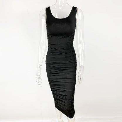 Summer Sexy Women Wear Solid Color Tight Backless Sleeveless Pleated Dress