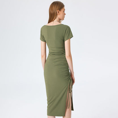 Knitted Small Sunken Stripe Elegant Square Cut Collar Waist Figure Flattering Side Slit Hip Dress