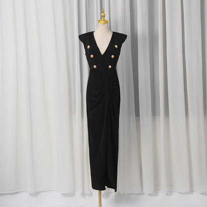 Spring V neck Sleeveless Design Split Dress Tight Waist Slimming Metal Decorative Dress Women