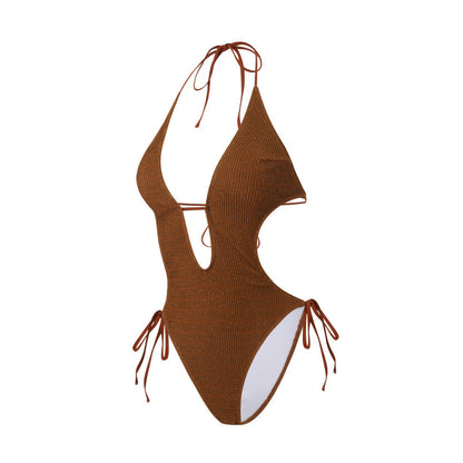 Bikini Sexy Deep V Plunge Lace up Halterneck Backless Siamese Women Swimsuit