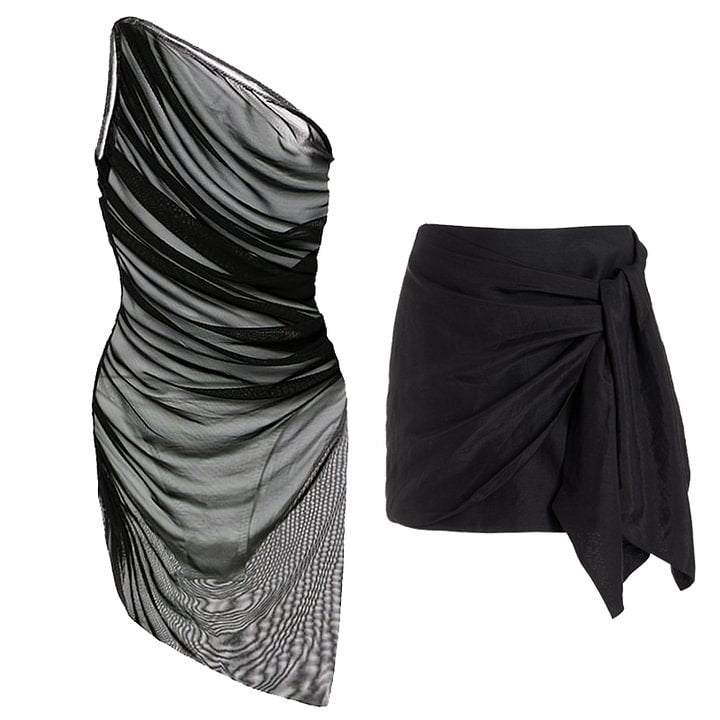One Shoulder Mesh Pleats Slimming One Piece Swimsuit Women
