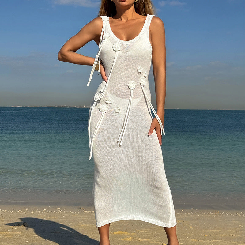 Holiday Dress Three Dimensional Floral Sexy Slim U Neck Breathable Suspenders Back Slit Beach Dress