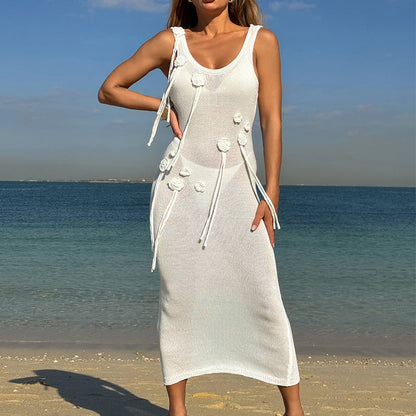 Holiday Dress Three Dimensional Floral Sexy Slim U Neck Breathable Suspenders Back Slit Beach Dress