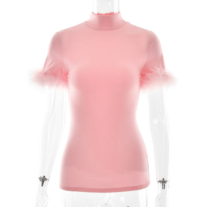 Summer Feather Sleeve Printed Design Women T shirt Slim Sexy Top