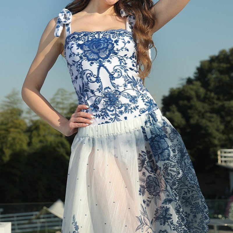 Blue White Printed Bow Bandage One Piece Swimsuit Women Suit