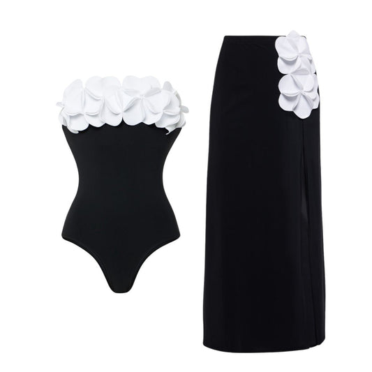 Black White Contrast Color Minimalist Floral Decoration One Piece Swimsuit Women Two Piece Sets
