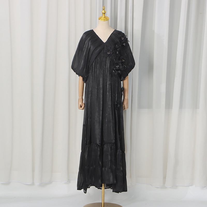 Romantic Vacation Maxi Dress Spring V neck Drop Shoulder Batwing Sleeve Stitching Three Dimensional Floral Dress