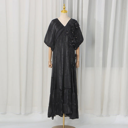 Romantic Vacation Maxi Dress Spring V neck Drop Shoulder Batwing Sleeve Stitching Three Dimensional Floral Dress
