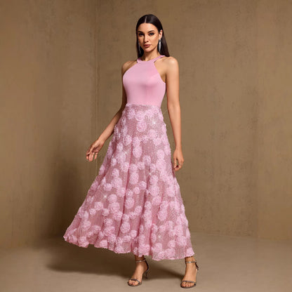 Spring Summer Halter Print Stitching Large Hem Fully Lined Evening Dress Party Dress