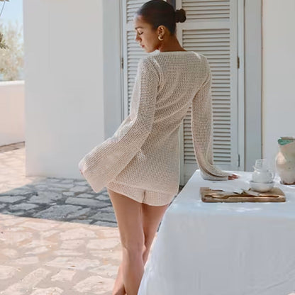 Beach Long Sleeved Cardigan Shorts Hollow Out Cutout out Strap Casual Knitted Vacation Sun Protection Blouse Two Piece Set