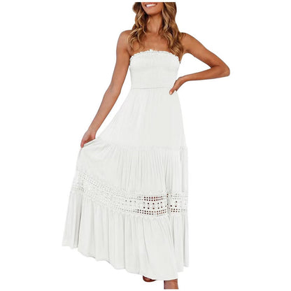 Solid Color Tube Top Hem Long Sleeveless Retro Bohemian Waist Tight Dress