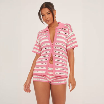 Solid Color Sexy Knitted Beach Bikini Swimsuit Blouse Sun Proof Set Women