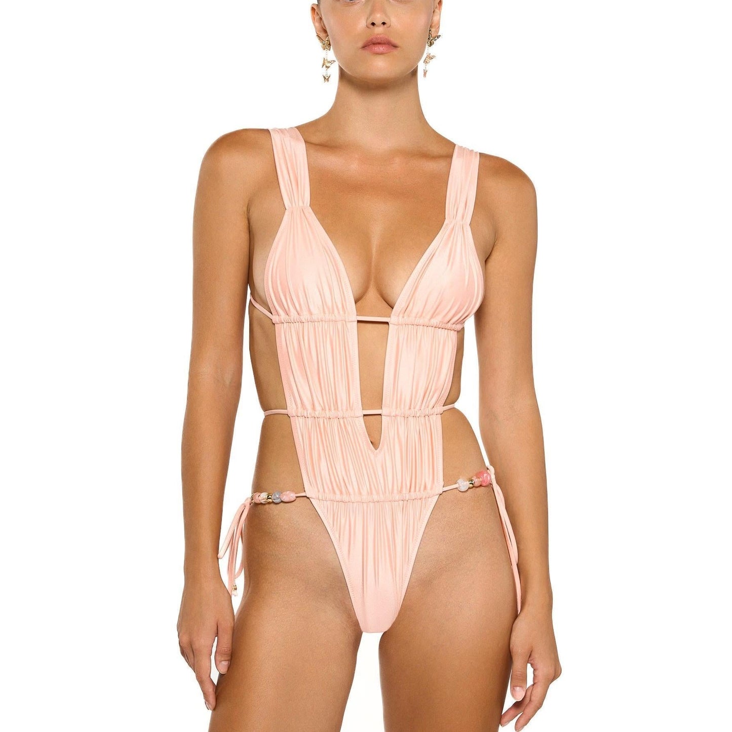 Sexy Solid Color Lace up One Piece Swimsuit Women Strap Showing Beads Accessories Bikini