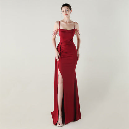 Bandeau Sling Satin Craft Beaded Chain Fishtail Evening Dress Dinner Wedding Ball