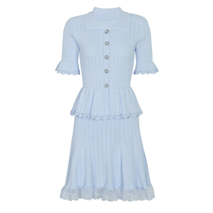 Summer Celebrity Internet Slim Fitting Slimming Fashionable Short Sleeve Collared Lace Dress