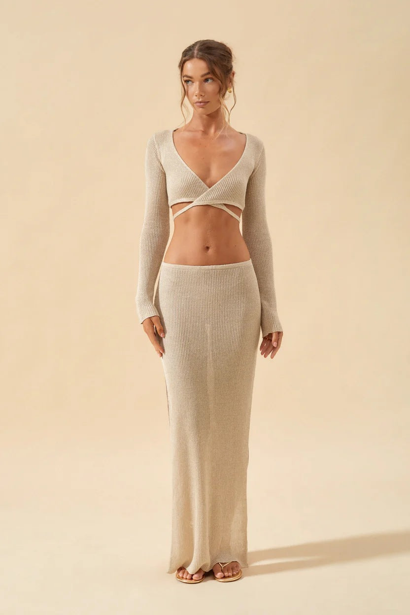 Summer Vacation Knitted Two Piece Long Sleeve V neck Top Split Skirt Set Women