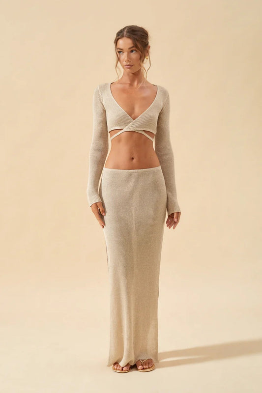 Summer Vacation Knitted Two Piece Long Sleeve V neck Top Split Skirt Set Women