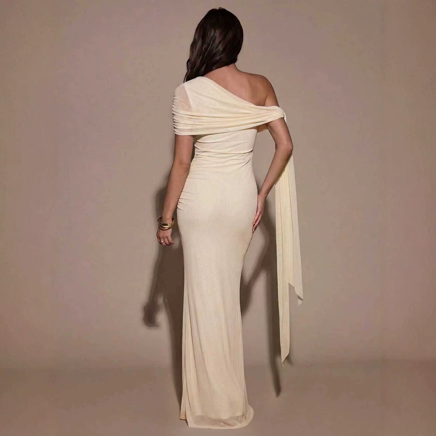 Women Clothing Oblique Shoulder Irregular Asymmetric Maxi Dress Pleated Slim Summer Dress for Women