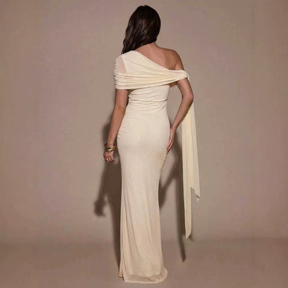 Women Clothing Oblique Shoulder Irregular Asymmetric Maxi Dress Pleated Slim Summer Dress for Women
