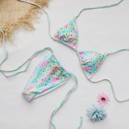 Fresh Printed Rhinestones Three Point Strap Sexy Bikini Split Swimsuit