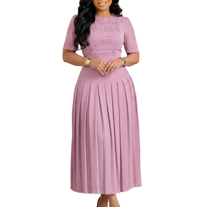 Women Clothing Pleated round Neck Stitching Pleated Dress