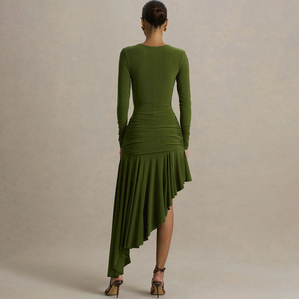 Autumn Winter Graceful Fashionable Women Slim Dress Sexy Pleated Irregular Asymmetric Maxi Dress