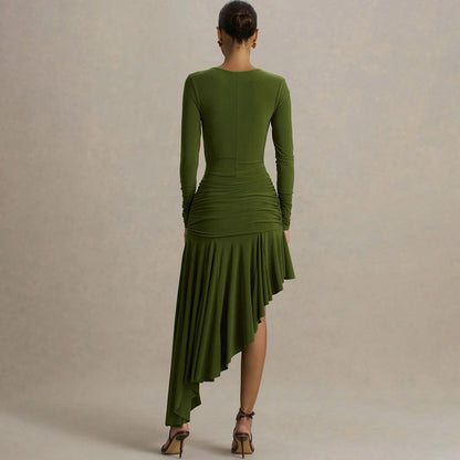 Autumn Winter Graceful Fashionable Women Slim Dress Sexy Pleated Irregular Asymmetric Maxi Dress