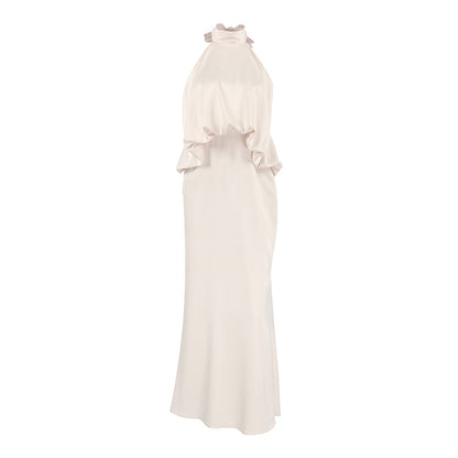 Satin Light Luxury Design Apricot Halter Lace up Backless Slim Fit Sleeveless Women Summer Dress