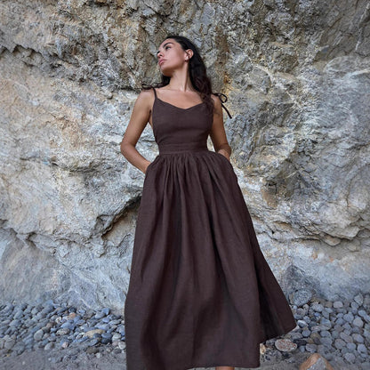 Pure Cotton V neck with Shoulder Straps Women Spring Elegant Sexy Lace up Backless Dress