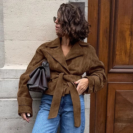 French Suede Collar Casual Double Breasted Coat Fall Winter Brushed Velvet Coat