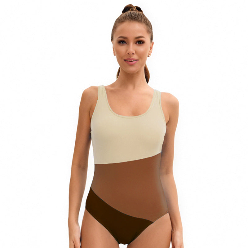 Solid Color Stitching Women Swimsuit Tight Backless Triangle One Piece Racing Swimsuit