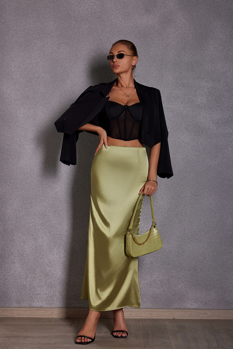 Spring Summer Artificial Silk Skirt Satin Skirt Women Casual Satin Hip Skirt