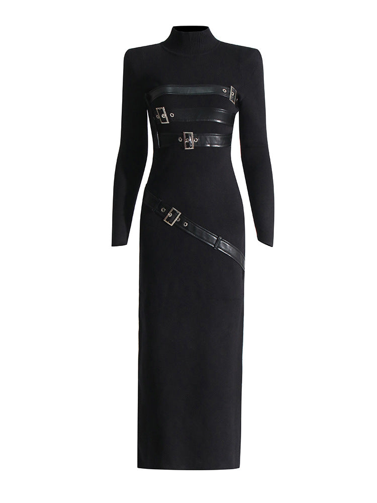 Turtleneck Solid Color Dress Spring High Grade Long Sleeve Split Metal Decorative Dress Women