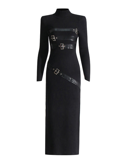 Turtleneck Solid Color Dress Spring High Grade Long Sleeve Split Metal Decorative Dress Women