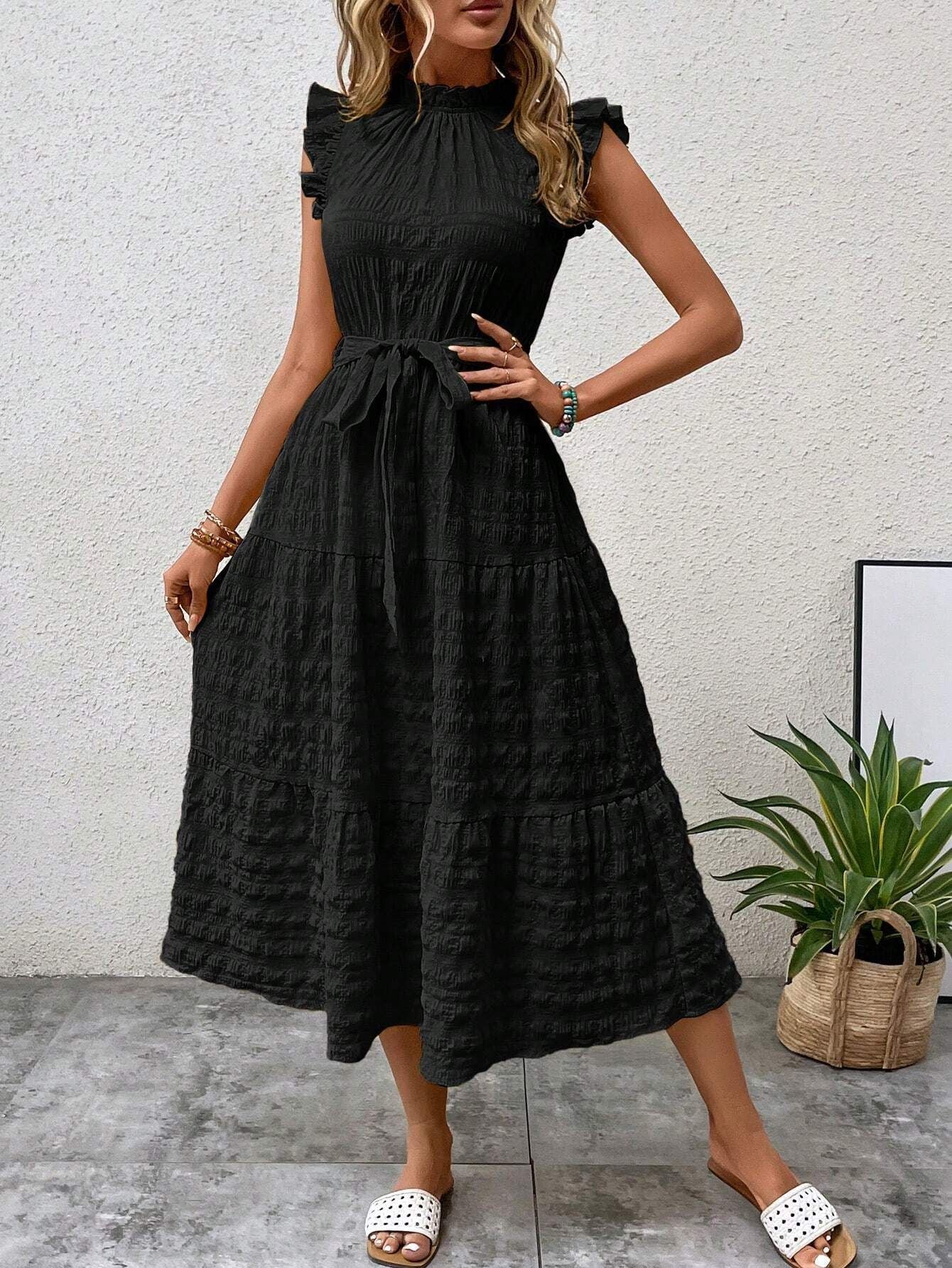 Women Clothing Summer Fashionable Stringy Selvedge Flying Sleeves Lace Up Texture Dress